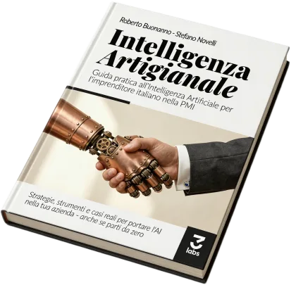 Copertina 3D dell’ebook Intelligenza Artigianale: titolo, autori e illustrazione a mani umana e robotica.